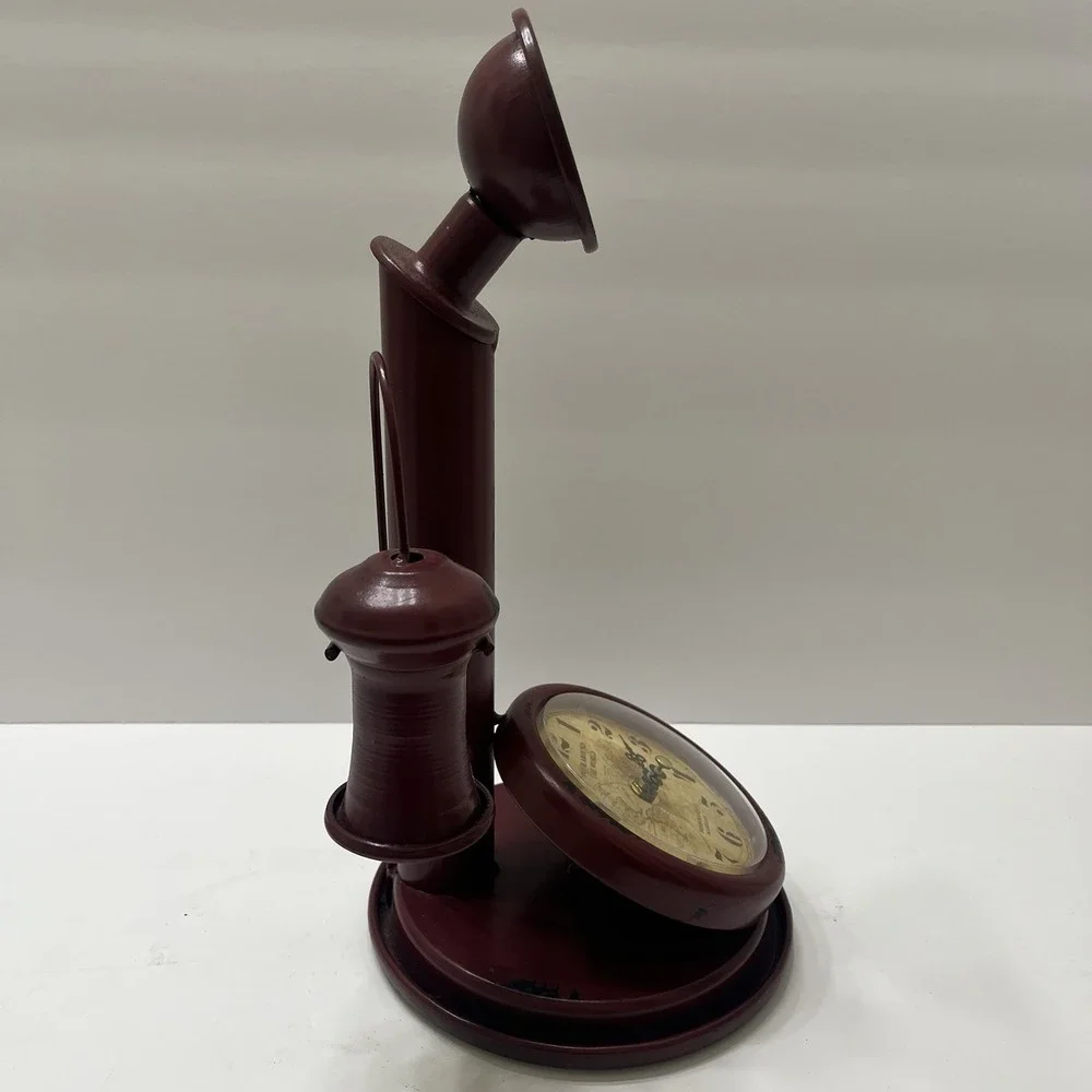 Vintage-Style Clock Red Antiqued Candlestick Phone Shaped Metal Distressed 13